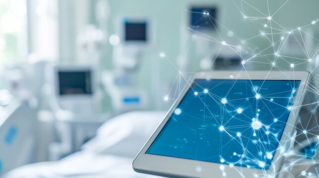 Smart Hospital Room With Connected Medical Devices Patient Healthcare Maintenance Display, medical technology service, AI diagnostic solutions, connected healthcare support