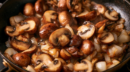 Fototapeta premium Macro Close Up of Sliced Mushrooms and Diced Onions Cooking in Skillet