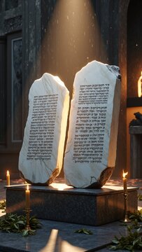 Close-up of Ancient Hebrew Law on White Marble Tablets