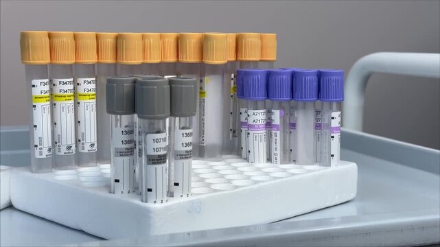 Colorful laboratory sample tubes are organized in a white holder, highlighting specimen collection and clinical testing supplies for medical research.