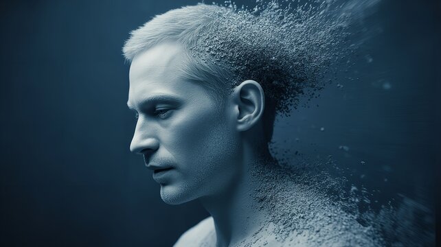 Man profile portrait with digital disintegration effect dissolving into particles in blue