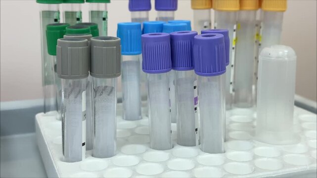 Laboratory sample tubes with green, blue, gray, and yellow caps are arranged in a white rack for organized specimen collection and clinical diagnostics.