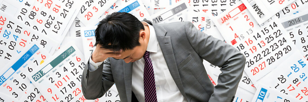 Stressed businessman in a grey suit holding his head in front of a wall covered with many different calendar pages showing busy schedule