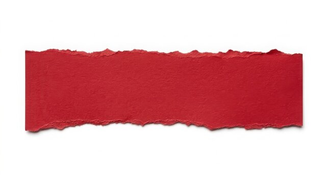 Horizontal strip of red paper with rough torn edges on white ripped