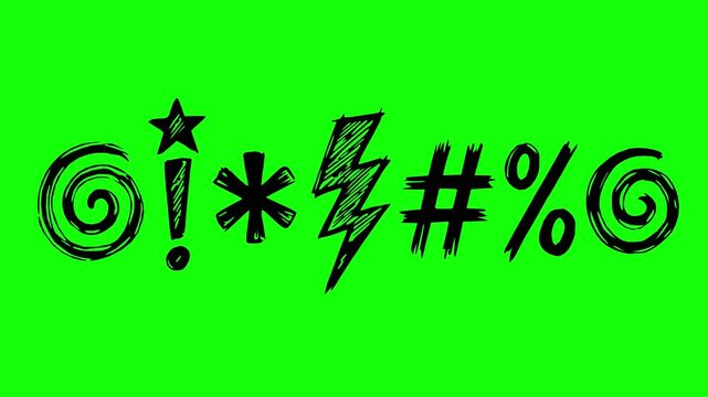 hand drawn cursing and insult symbols animation with solid black fill on a green screen chroma key background. Features a stop motion line boil wiggle effect