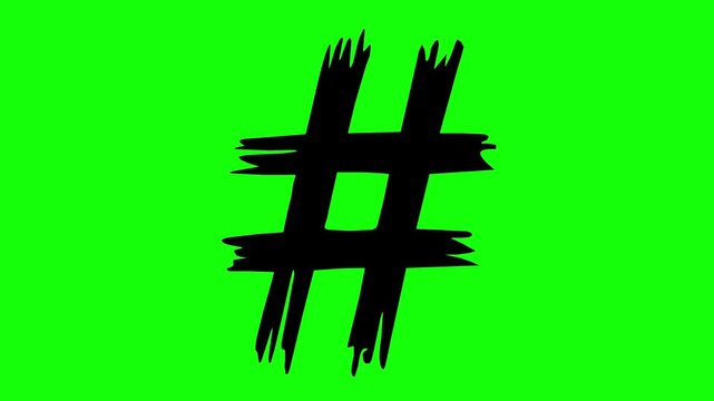 hand drawn style hashtag numeral symbol animation with solid black fill and green screen background featuring a line boil effect rough edges jitter stop motion look