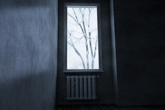 3d rendering of dilapidated house with broken window and snowfall