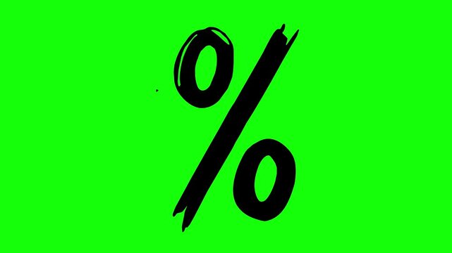 percentage sign animation with black fill and green screen background featuring line boil effect, rough edges, stop motion look, and wiggle motion for sales and discounts