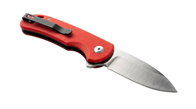 Modern folding pocket knife with red textured handle isolated on transparent background