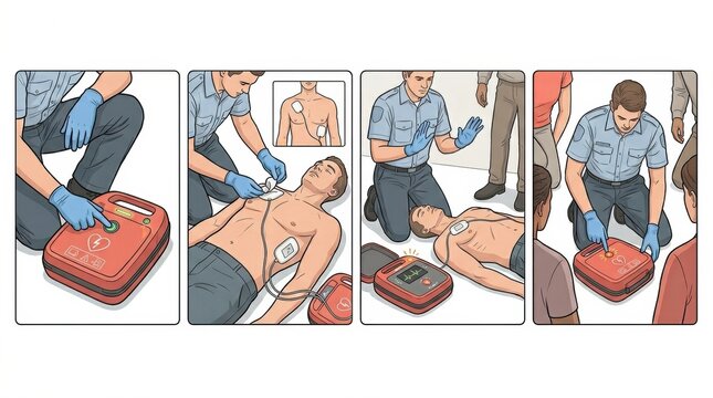 A person is shown performing first aid steps using a defibrillator on an individual in a workplace setting.