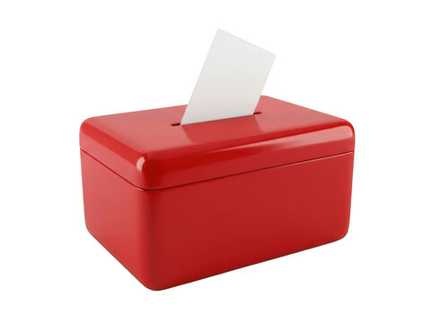 Red ballot box with a white paper card being inserted isolated on transparent background