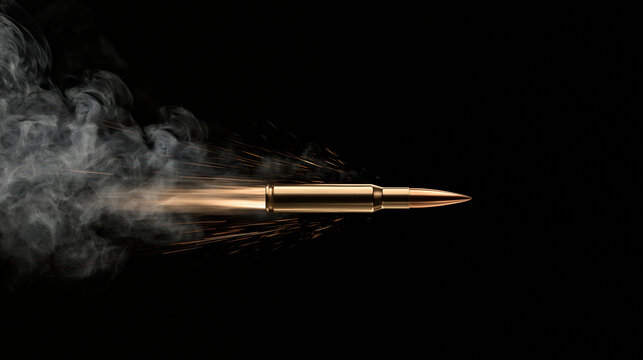 A bullet flying fast with smoke and sparks against a dark background. Powerful military concept for weapon designs.