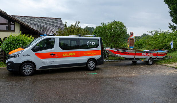 Welzheim, Germany - 27 Jul 25: DLRG Water Rescue Van and Boat at Ostkastell Welzheim