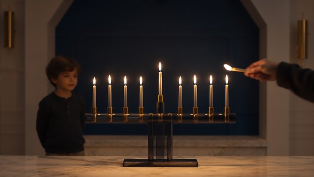 Close up hand lighting a geometric modern menorah while child watches during Hanukkah celebration. Jewish family tradition, holiday faith, warmth and togetherness at home with copy space.