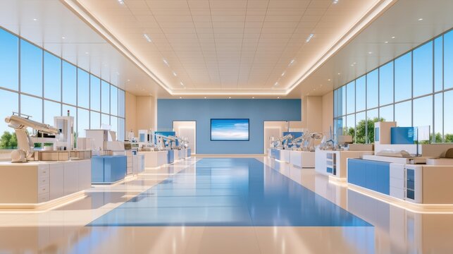Modern automated manufacturing floor with robotic arms and clean industrial design