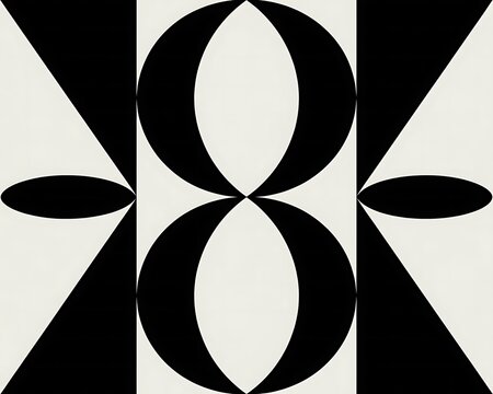 Abstract geometric composition with black circles triangles and ovals on a white background pattern