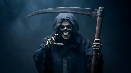 Obraz premium Scary zombie man with bloody axe growling in dark foggy horror scene for Halloween