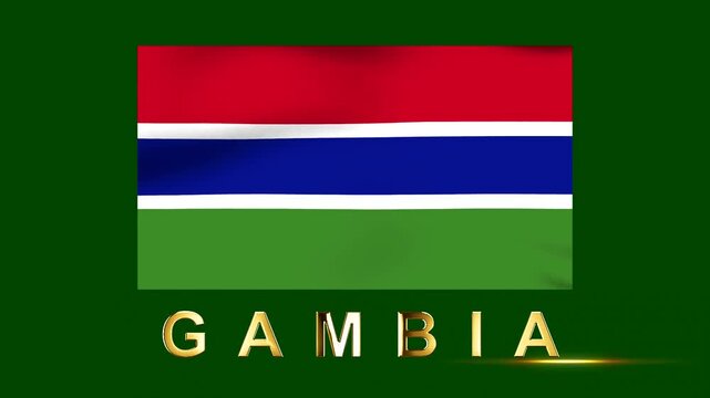 Waving flag of The Gambia with golden country name text on green background