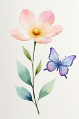 Fototapeta premium Watercolor Pink Flower and Blue Butterfly Botanical Illustration Isolated on White