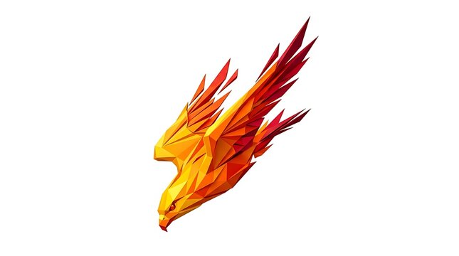 Low poly phoenix bird flying, abstract geometric fire eagle illustration on white background