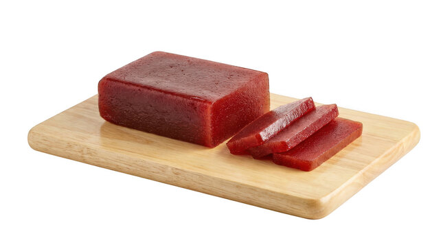 Quince paste block and slices on a wooden board isolated on transparent background