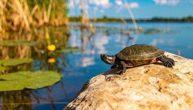 turtle basking in the sun on rock