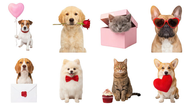 Set of cute dogs and cats with valentines day gifts and hearts isolated on transparent background