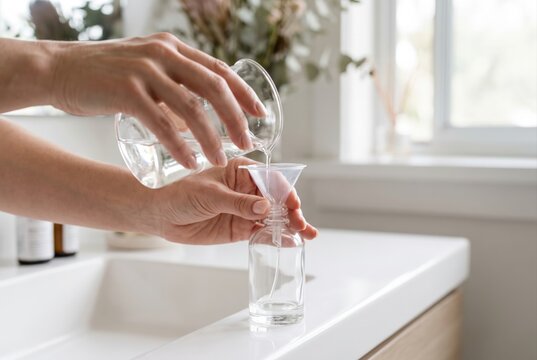 Pouring clear liquid essential oil from a glass beaker through a small plastic funnel into a diffuser bottle