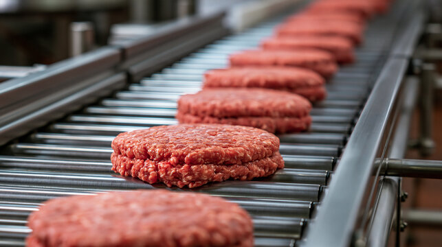 Raw hamburger patties moving along a stainless steel factory conveyor belt in bright lighting. Perfect for food processing and industrial manufacturing concepts.