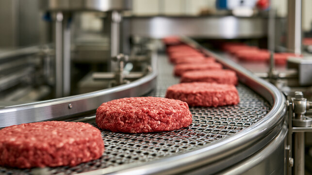 Raw hamburger patties moving along a stainless steel conveyor belt in a modern meat processing plant. Industrial food production concept for manufacturing and supply chain ads.