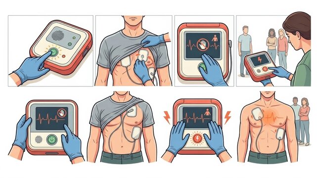 Sequence showing steps for using an automated external defibrillator in a workplace emergency. Important for first aid training and response.