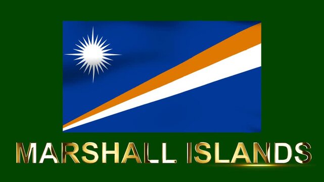 Waving flag of the Marshall Islands with golden metallic text on a dark green background
