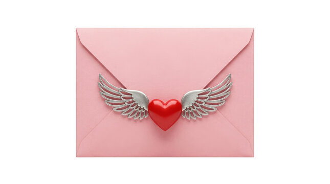 Pink envelope with a red heart and silver wings isolated on transparent background