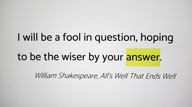 Real LCD screen capture: highlighting the word Answer in a William Shakespeare quote (public domain text).
