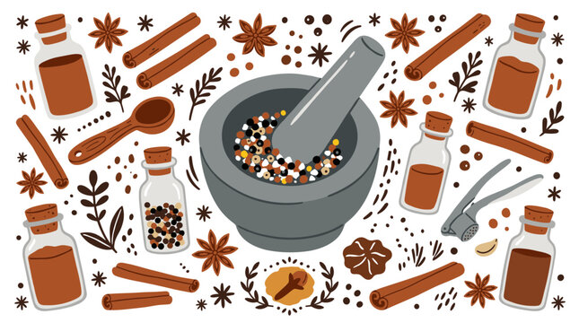 spices and kitchen vector icons with mortar, cinnamon sticks and star anise for cooking recipe design in flat glyph style