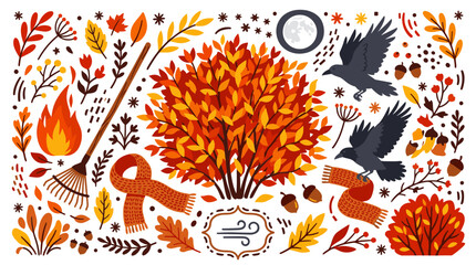 Naklejka premium Autumn and nature vector icons with leaves, scarf and ravens for branding design in minimal style