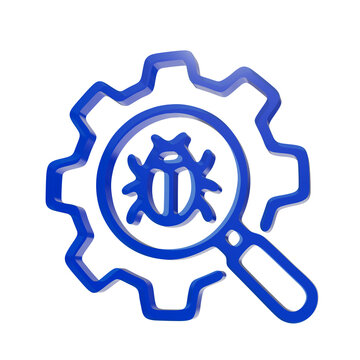 Blue 3 d gear with a magnifying glass and a bug symbol for software debugging and technical troubleshooting processes isolated on a transparent background