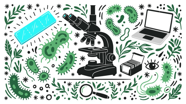biology and research vector icons with microscope bacteria laptop for scientific presentation in flat glyph style