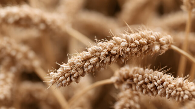 Ripe fonio seed head covered with tiny grains in a dry golden field captured in detailed macro view with shallow depth of field