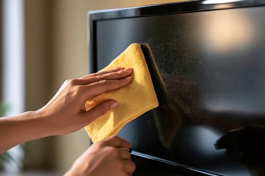 Cleaning a TV Screen with a Microfiber Cloth