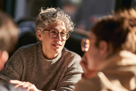 Gray-haired woman in glasses engaged in conversation.