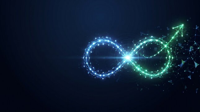 Continuous improvement infinity loop made of glowing blue and green plexus lines and nodes, continuous optimization and progress concept on dark tech background with copy space