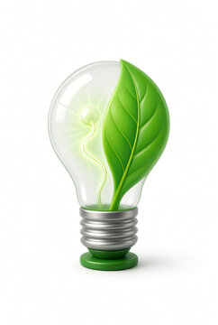 Green energy bulb &mdash; Light Bulb with Leaf Isolated on White