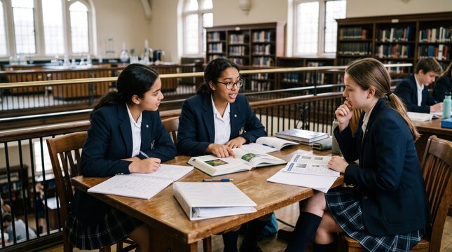 Diverse female students in school uniforms discuss textbooks and share research during a group study session in a library