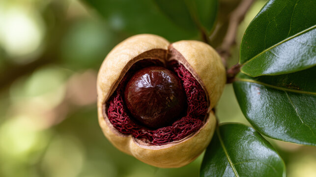 Ripe Nutmeg Fruit Split Open with Seed and Red Mace &mdash; Macro botanical close-up of ripe nutmeg fruit naturally opened to reveal a glossy brown seed surrounded by vivid red mace aril and green leaves.