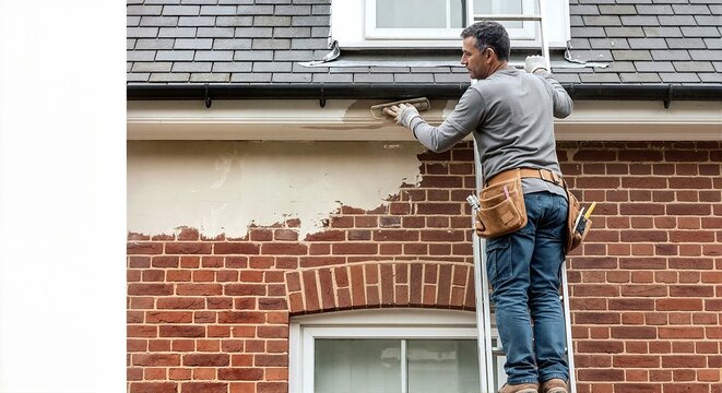 Mature white male contractor on ladder repairing house facade. Handyman working on exterior brick wall and roof fascia. Home renovation and maintenance