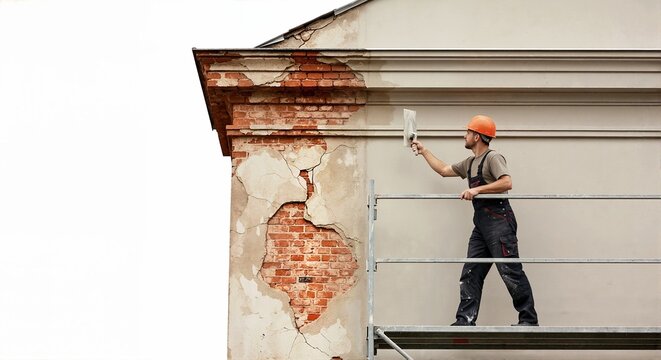 White male construction worker repairing damaged stucco facade. Plasterer fixing cracked brick wall on scaffolding. Building renovation and home maintenance