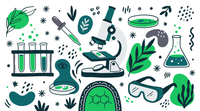 biology and chemistry vector icons with microscope, test tubes and petri dish for infographic design in glyph style