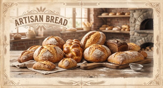 Vintage bakery poster with artisan bread loaves, golden crusts and rustic old-fashioned bakery atmosphere