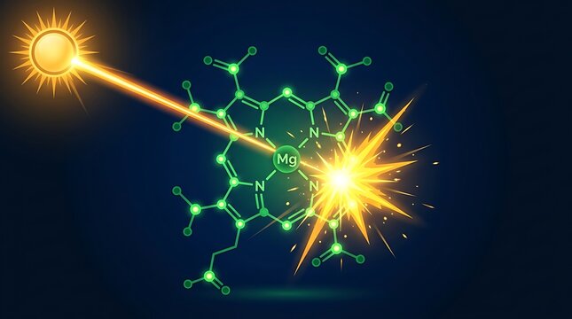 Chlorophyll molecule absorbing solar energy during photosynthesis